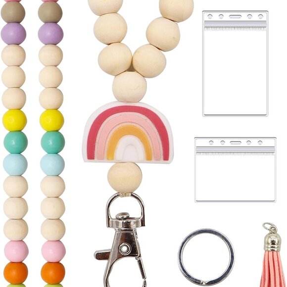 Wooden Beaded Lanyards, Teacher Lanyard with ID Holder, Lanyards for Id Badges W - Picture 1 of 7